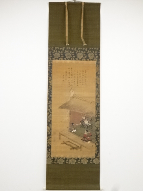 JAPANESE HANGING SCROLL / HAND PAINTED / SCENERY IN THE PAST / BY BAIUN KANO